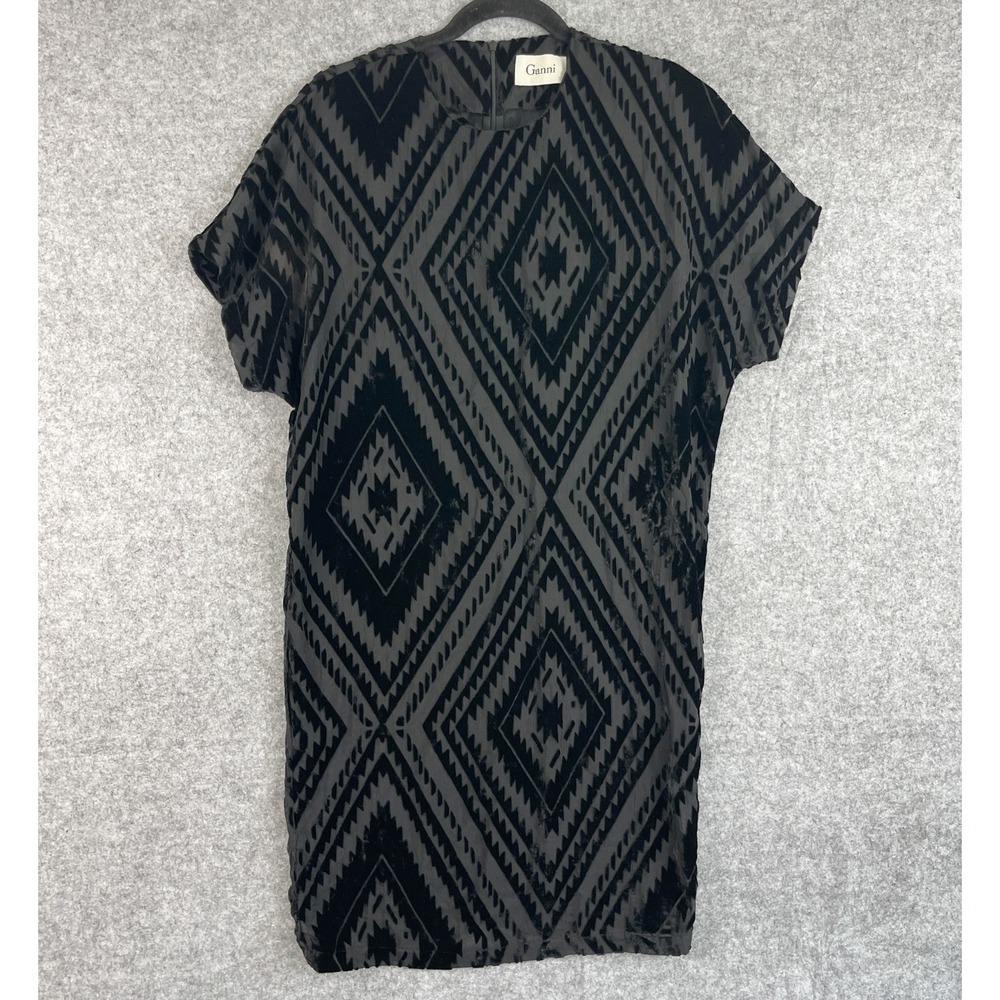Ganni Velvet Burnout Shift Dress Womens Medium Black Geometric Sheer Whimsigoth